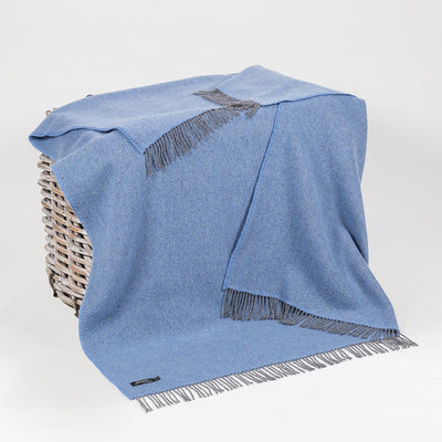 Blue herringbone Throw . Cashmere wool mix. grey fringing on two ends. measures 136 x 180cm (54 x 71'') 