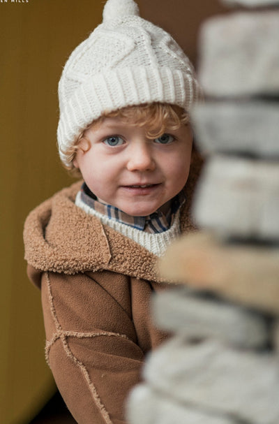 Handknit. one size. pompom. colour natural. extra soft aran hat for kids