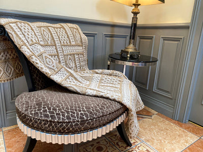 Knitted Wool Blanket with Aran stitches throughout in cream and soft beige tones. A panel of Diamonds knitted along each end and an intrinsically woven array of Aran stitches in various panels throughout.. One Size – 50″ X 60″ Approx