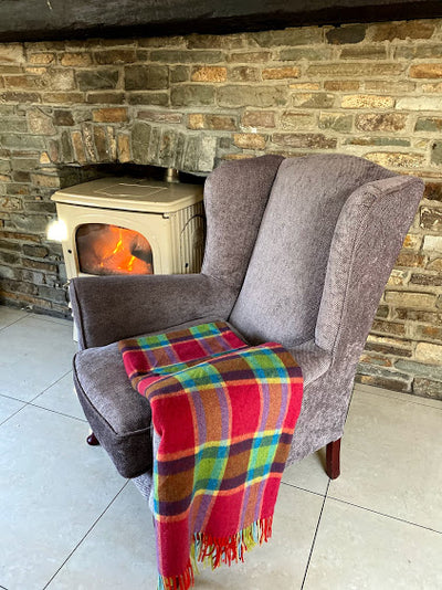 Lambswool 100% Throw Red Green Turquoise Check. wool fringing on 2 ends.137cm x180cm  54'' x 71''